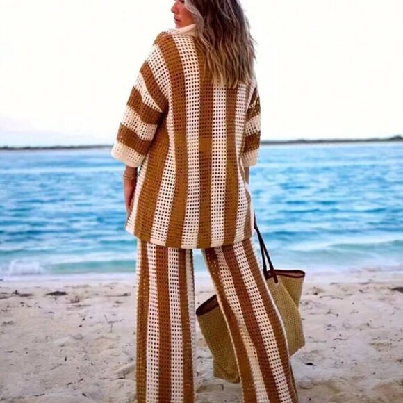 Casual Women's Beach Hollow Knitted Striped Button Down Top And Long Pants Set - Picture 2 of 5
